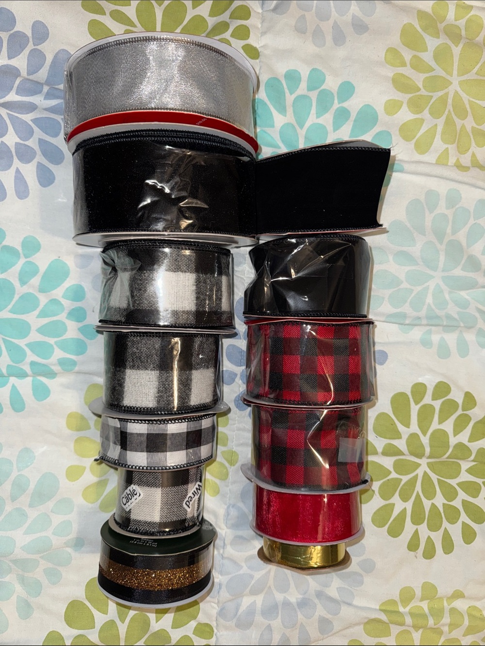 13 rolls of assorted ribbon Black, White, Red, and Gold Decorative Ribbon Set.